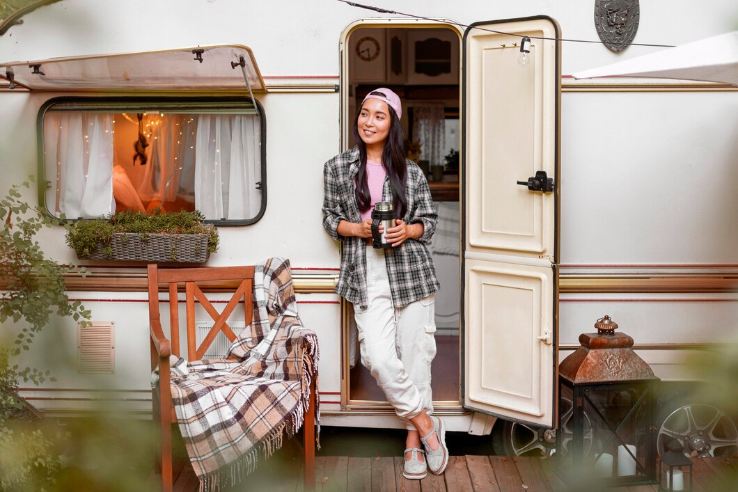 A woman stands confidently in front of a colorful camper, surrounded by nature