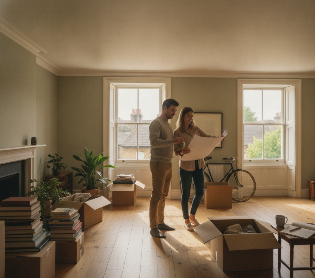 Couple planning home renovation in living room with cardboard boxes and bicycle by window