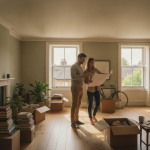 Couple planning home renovation in living room with cardboard boxes and bicycle by window